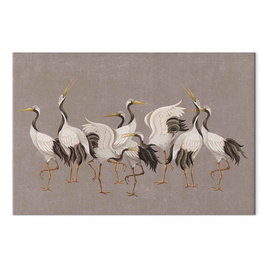 Leinwandbild - Crane dance – bright silhouettes of birds against a warm grey background with texture