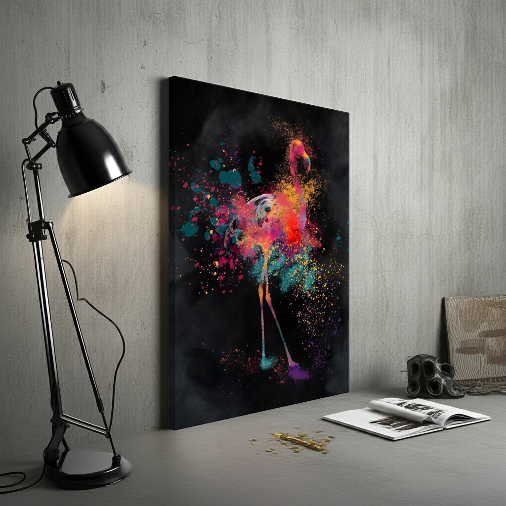Farbenfrohes Leinwandbild mit Flamingo in Hochformat

