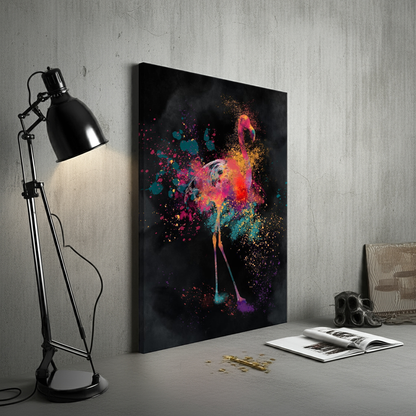 Farbenfrohes Leinwandbild mit Flamingo in Hochformat


