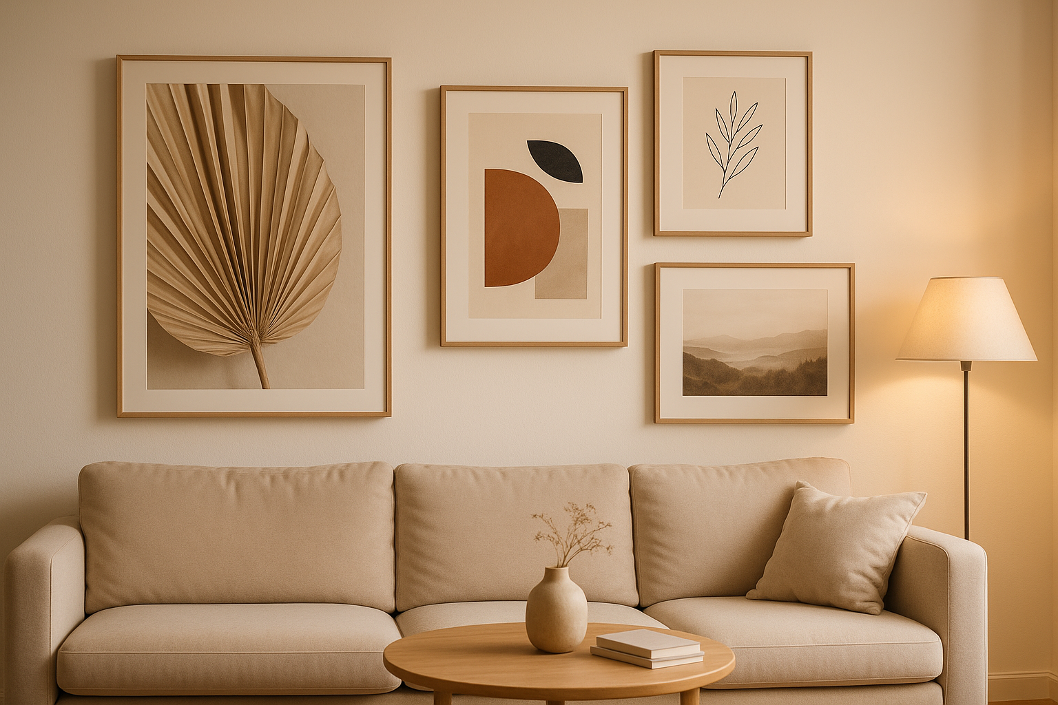 Elegantes Wohnzimmer mit verschiedenen Wandbildern an weißer Wand - moderne Wanddekoration und stilvolle Raumgestaltung